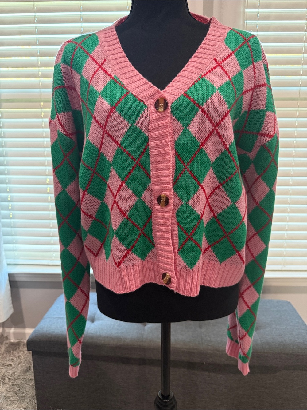 Pink & Green Argyle V-Neck Cardigan Sweater